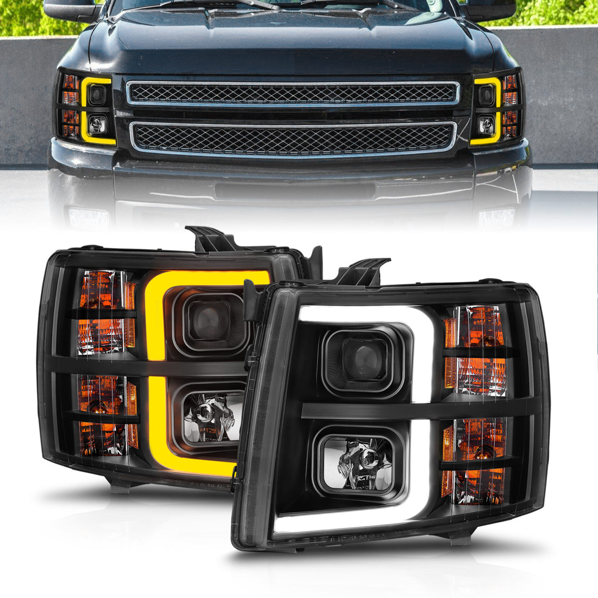Projector Headlights W/ Light Bar Style Sequential Black Housing Clear Lens Pair Chevrolet Silverado 1500/3500 2007-2013, 2500/2500 HD/3500 HD 2007-2014 AnzoUSA-1