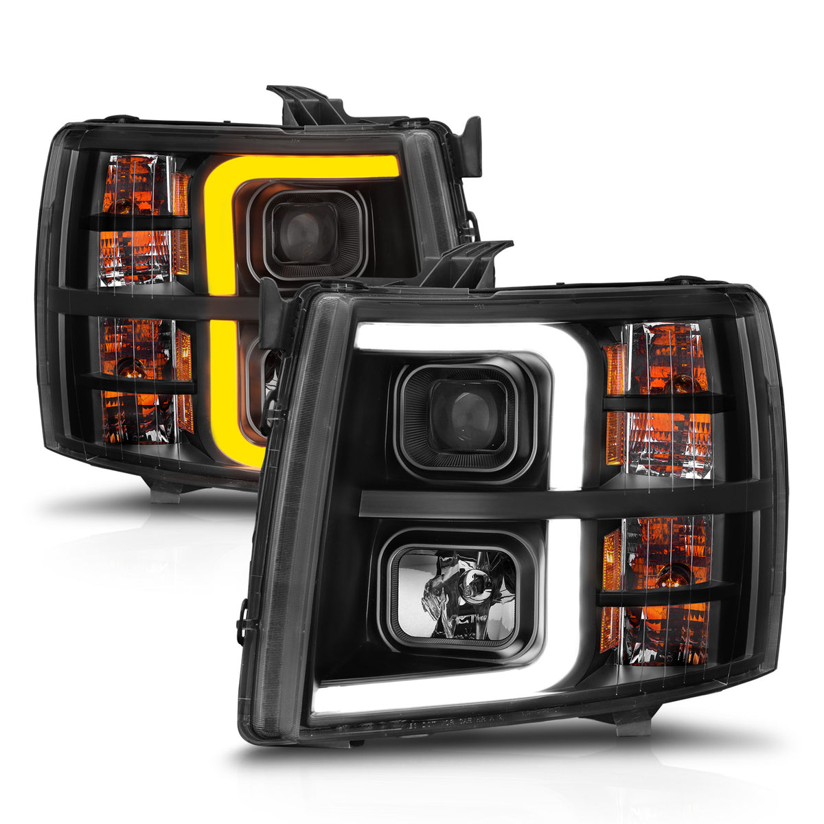 Projector Headlights W/ Light Bar Style Sequential Black Housing Clear Lens Pair Chevrolet Silverado 1500/3500 2007-2013, 2500/2500 HD/3500 HD 2007-2014 AnzoUSA-2