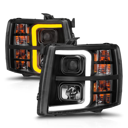 Projector Headlights W/ Light Bar Style Sequential Black Housing Clear Lens Pair Chevrolet Silverado 1500/3500 2007-2013, 2500/2500 HD/3500 HD 2007-2014 AnzoUSA-2