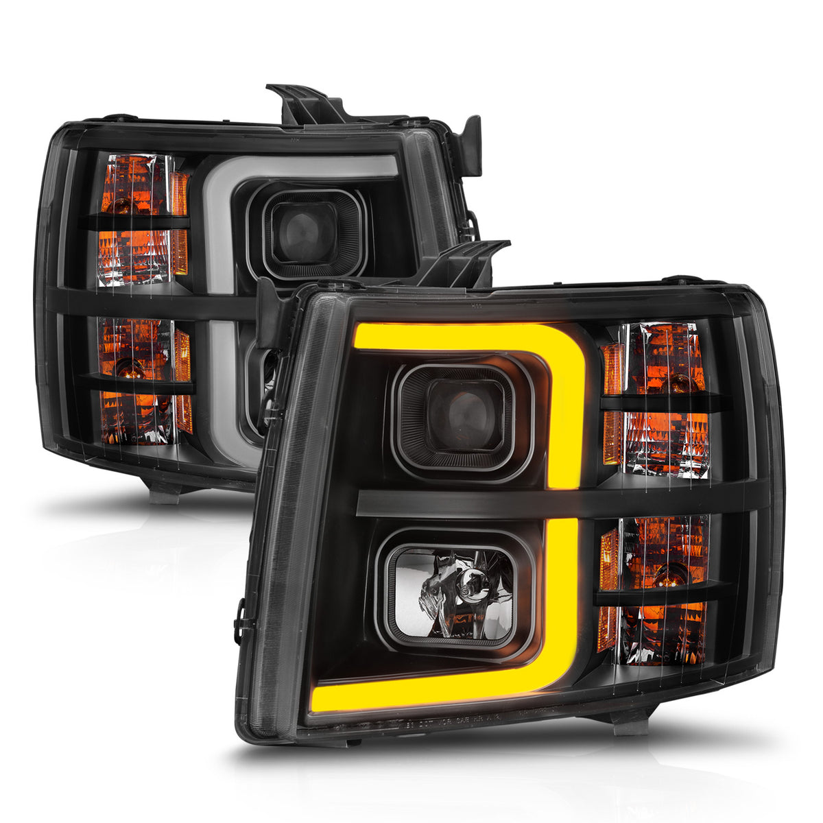 Projector Headlights W/ Light Bar Style Sequential Black Housing Clear Lens Pair Chevrolet Silverado 1500/3500 2007-2013, 2500/2500 HD/3500 HD 2007-2014 AnzoUSA-4