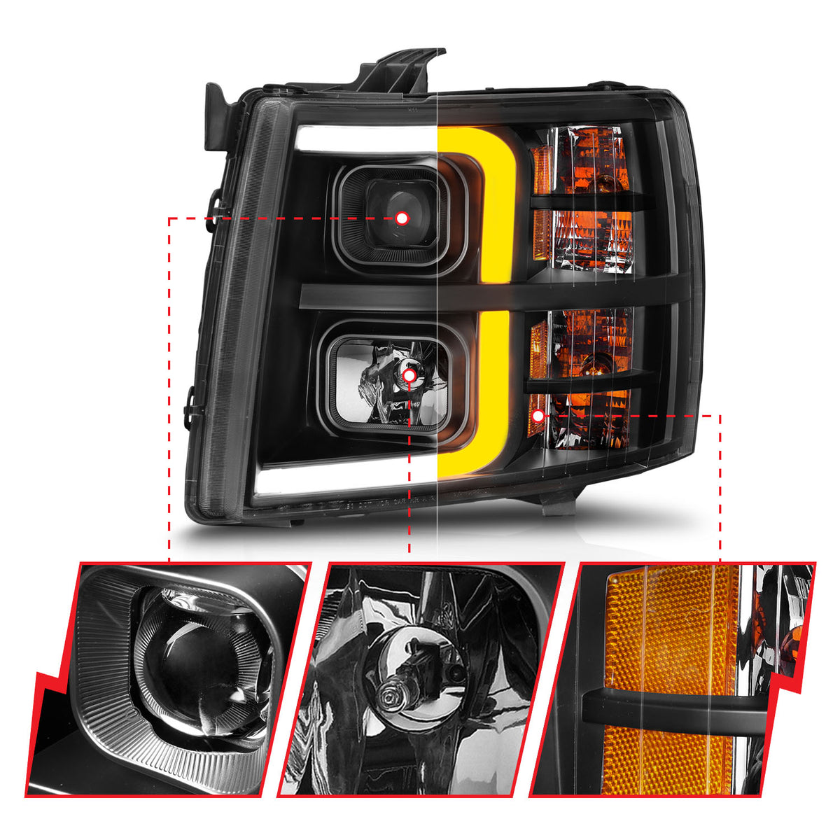 Projector Headlights W/ Light Bar Style Sequential Black Housing Clear Lens Pair Chevrolet Silverado 1500/3500 2007-2013, 2500/2500 HD/3500 HD 2007-2014 AnzoUSA-5