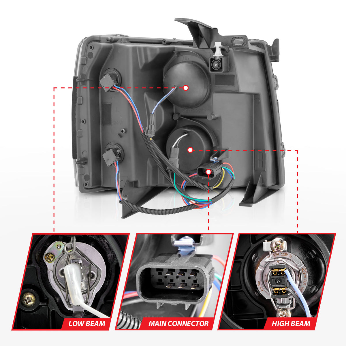 Projector Headlights W/ Light Bar Style Sequential Black Housing Clear Lens Pair Chevrolet Silverado 1500/3500 2007-2013, 2500/2500 HD/3500 HD 2007-2014 AnzoUSA-7