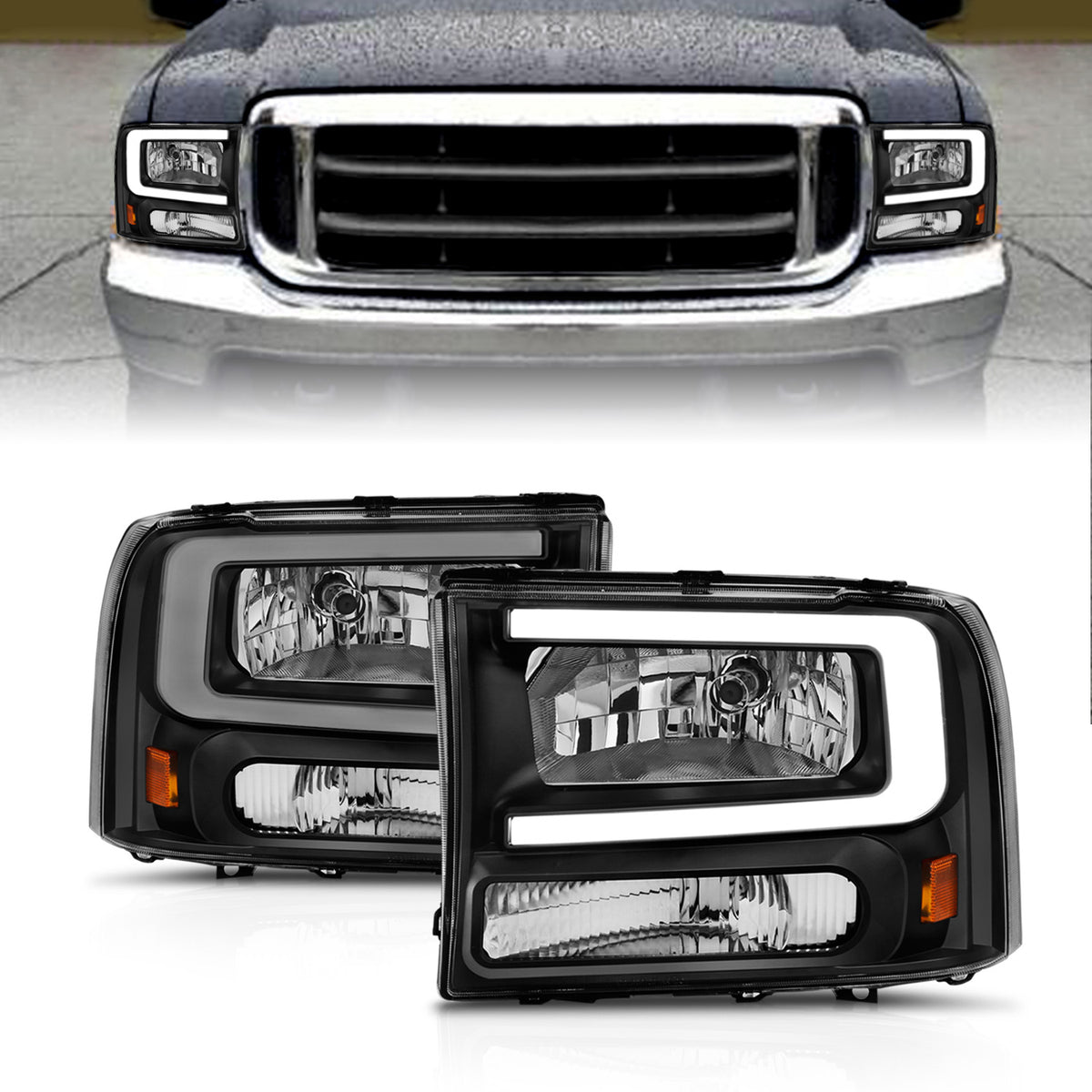 Crystal Headlight Set W/ Light Bar Style Black Housing Clear Lens Pair Ford Excursion 2000-2004, Ford F-250/F-350/F-350/F-450 Super Duty 1999-2004 AnzoUSA
