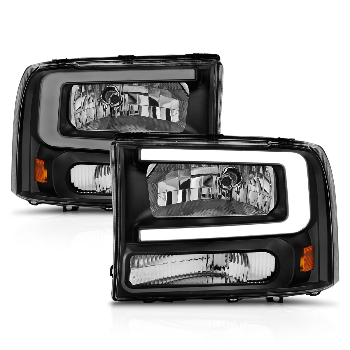Crystal Headlight Set W/ Light Bar Style Black Housing Clear Lens Pair Ford Excursion 2000-2004, Ford F-250/F-350/F-350/F-450 Super Duty 1999-2004 AnzoUSA-1