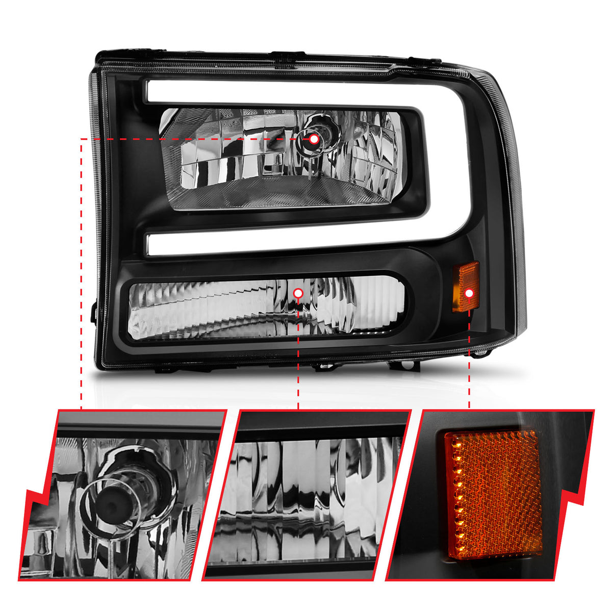 Crystal Headlight Set W/ Light Bar Style Black Housing Clear Lens Pair Ford Excursion 2000-2004, Ford F-250/F-350/F-350/F-450 Super Duty 1999-2004 AnzoUSA-2