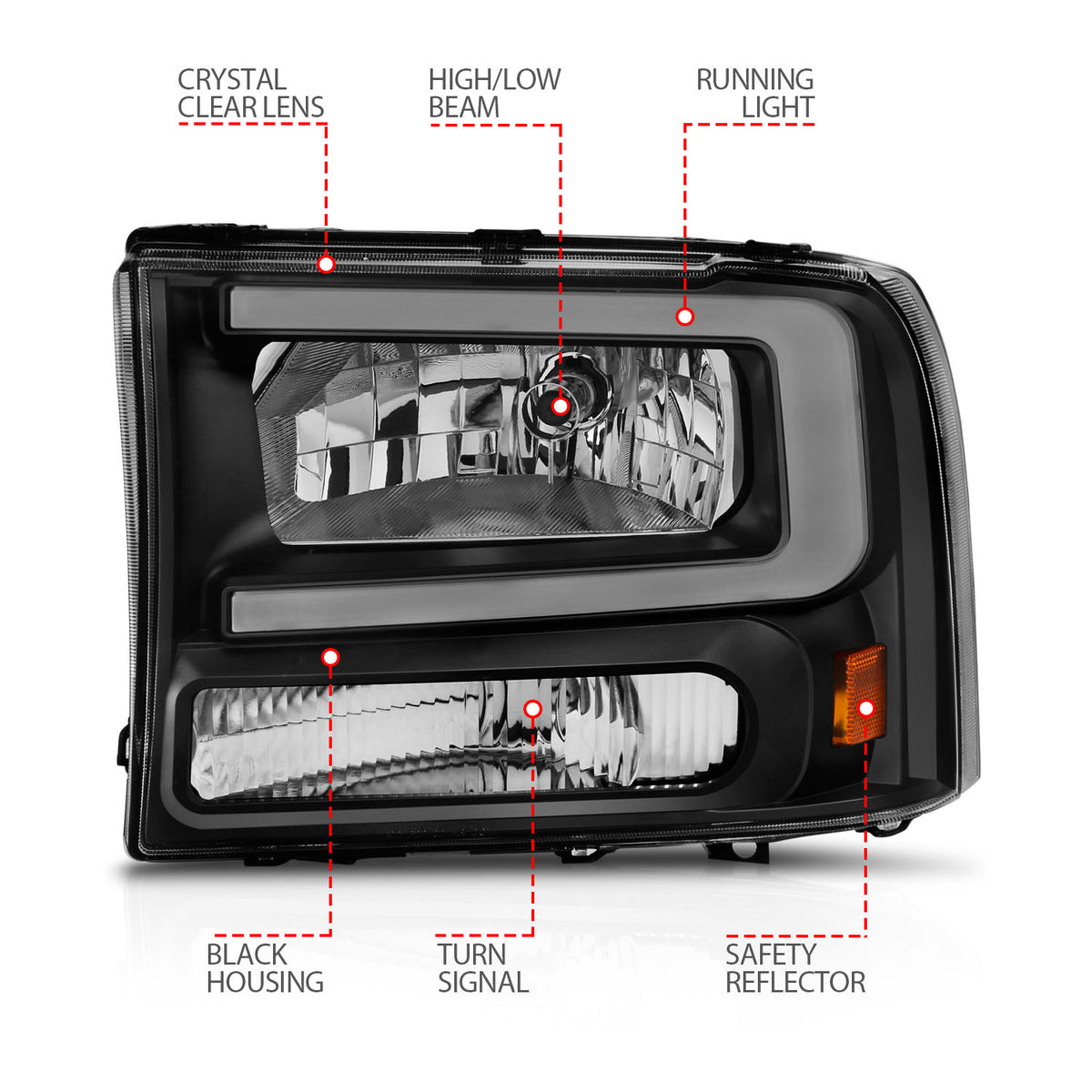 Crystal Headlight Set W/ Light Bar Style Black Housing Clear Lens Pair Ford Excursion 2000-2004, Ford F-250/F-350/F-350/F-450 Super Duty 1999-2004 AnzoUSA-3
