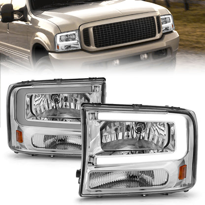 Crystal Headlight Set W/ Light Bar Style Chrome Housing Clear Lens Pair Ford Excursion 2000-2004, Ford F-250/F-350/F-350/F-450 Super Duty 1999-2004 AnzoUSA