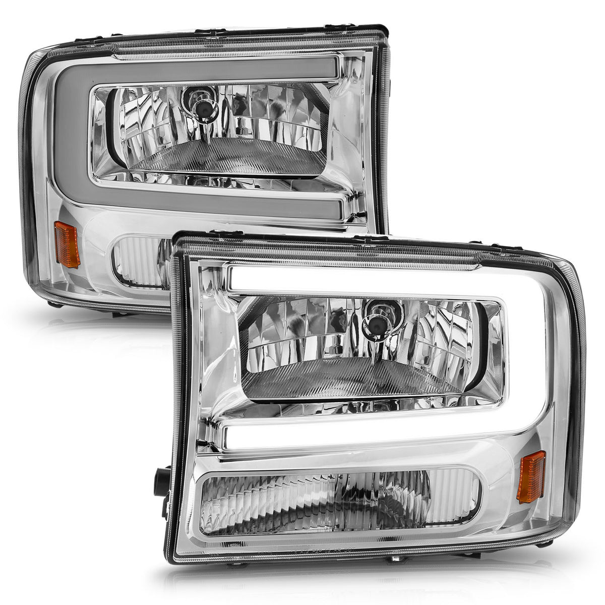 Crystal Headlight Set W/ Light Bar Style Chrome Housing Clear Lens Pair Ford Excursion 2000-2004, Ford F-250/F-350/F-350/F-450 Super Duty 1999-2004 AnzoUSA-1