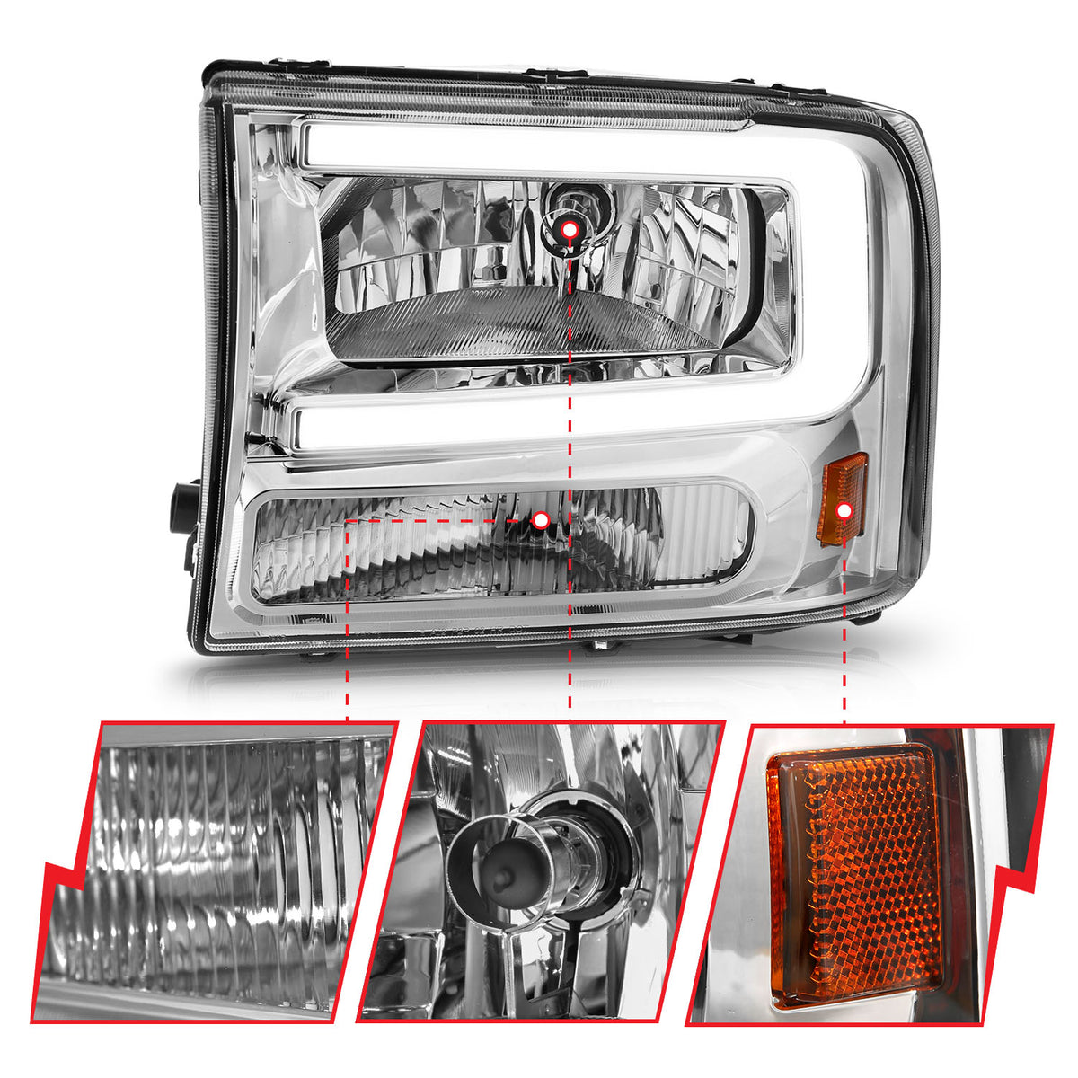 Crystal Headlight Set W/ Light Bar Style Chrome Housing Clear Lens Pair Ford Excursion 2000-2004, Ford F-250/F-350/F-350/F-450 Super Duty 1999-2004 AnzoUSA-2