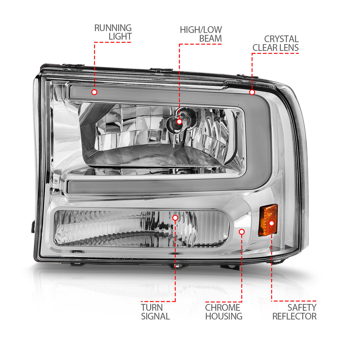 Crystal Headlight Set W/ Light Bar Style Chrome Housing Clear Lens Pair Ford Excursion 2000-2004, Ford F-250/F-350/F-350/F-450 Super Duty 1999-2004 AnzoUSA-3