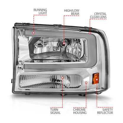 Crystal Headlight Set W/ Light Bar Style Chrome Housing Clear Lens Pair Ford Excursion 2000-2004, Ford F-250/F-350/F-350/F-450 Super Duty 1999-2004 AnzoUSA-3