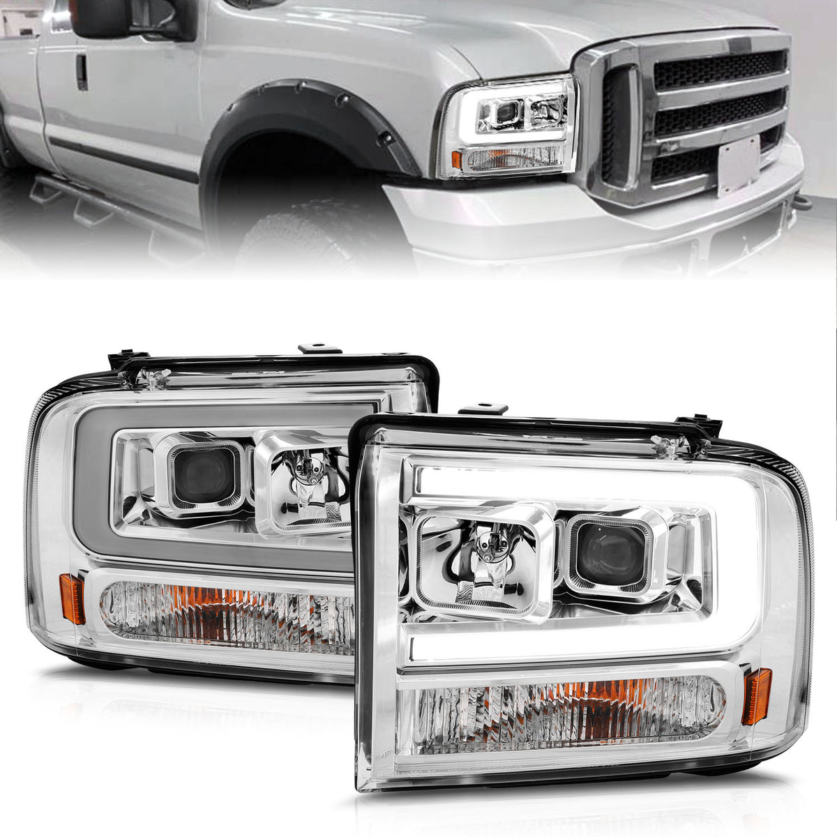 Projector Headlights W/ Light Bar Style Chrome Housing Clear Lens Pair Ford Excursion 2005, Ford F-250/F-350/F-350/F-450/F-550 Super Duty 2005-2007 AnzoUSA