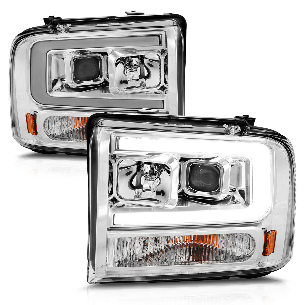 Projector Headlights W/ Light Bar Style Chrome Housing Clear Lens Pair Ford Excursion 2005, Ford F-250/F-350/F-350/F-450/F-550 Super Duty 2005-2007 AnzoUSA-1