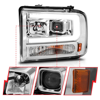 Projector Headlights W/ Light Bar Style Chrome Housing Clear Lens Pair Ford Excursion 2005, Ford F-250/F-350/F-350/F-450/F-550 Super Duty 2005-2007 AnzoUSA-2