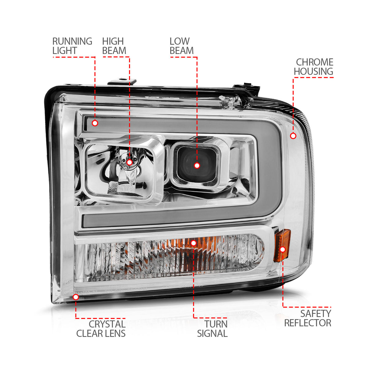 Projector Headlights W/ Light Bar Style Chrome Housing Clear Lens Pair Ford Excursion 2005, Ford F-250/F-350/F-350/F-450/F-550 Super Duty 2005-2007 AnzoUSA-3