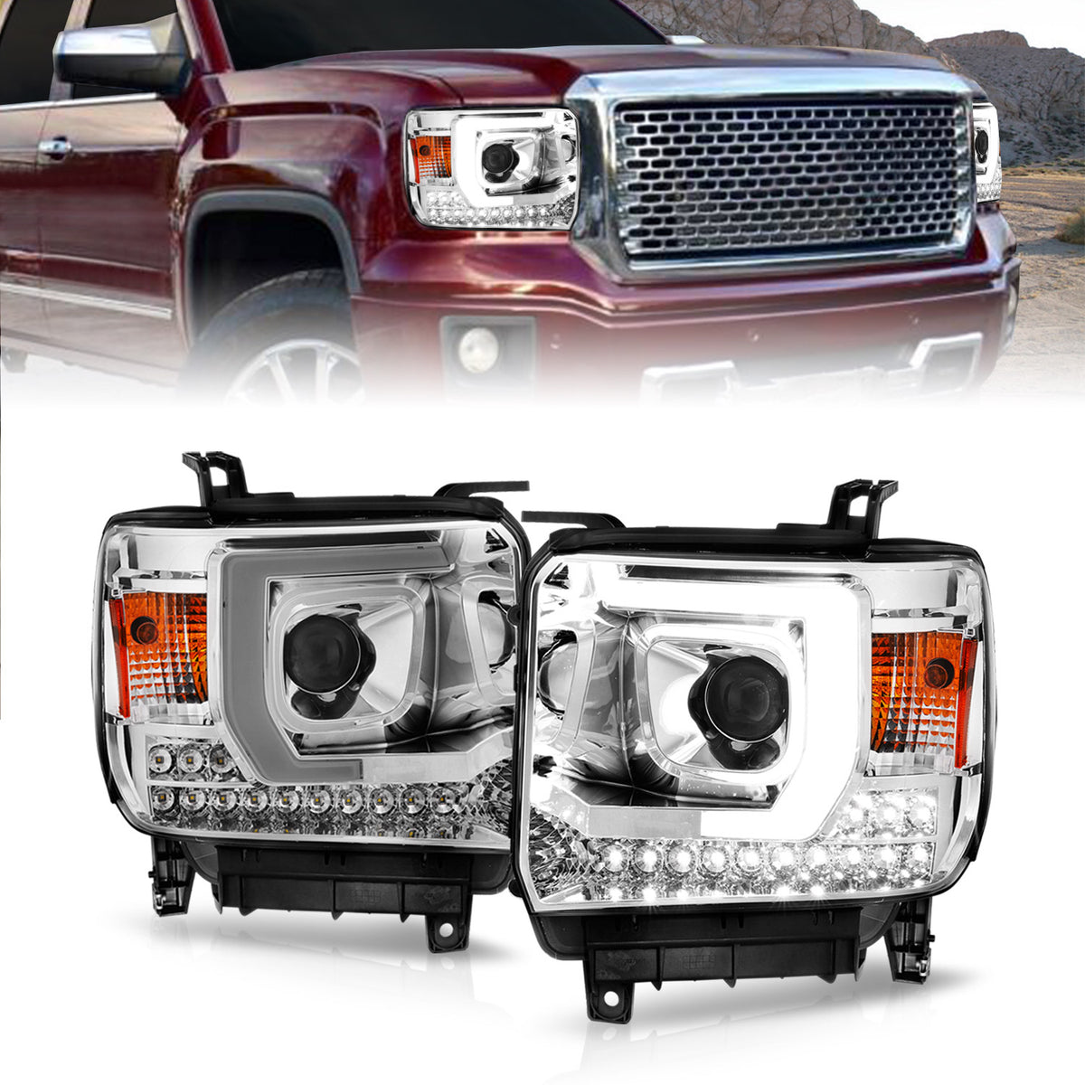 Projector Headlights W/ Light Bar Style Chrome Housing Clear Lens Pair GMC Sierra 1500 2014-2015, 2500 HD/3500 HD 2015-2019 AnzoUSA
