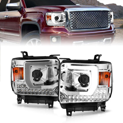 Projector Headlights W/ Light Bar Style Chrome Housing Clear Lens Pair GMC Sierra 1500 2014-2015, 2500 HD/3500 HD 2015-2019 AnzoUSA