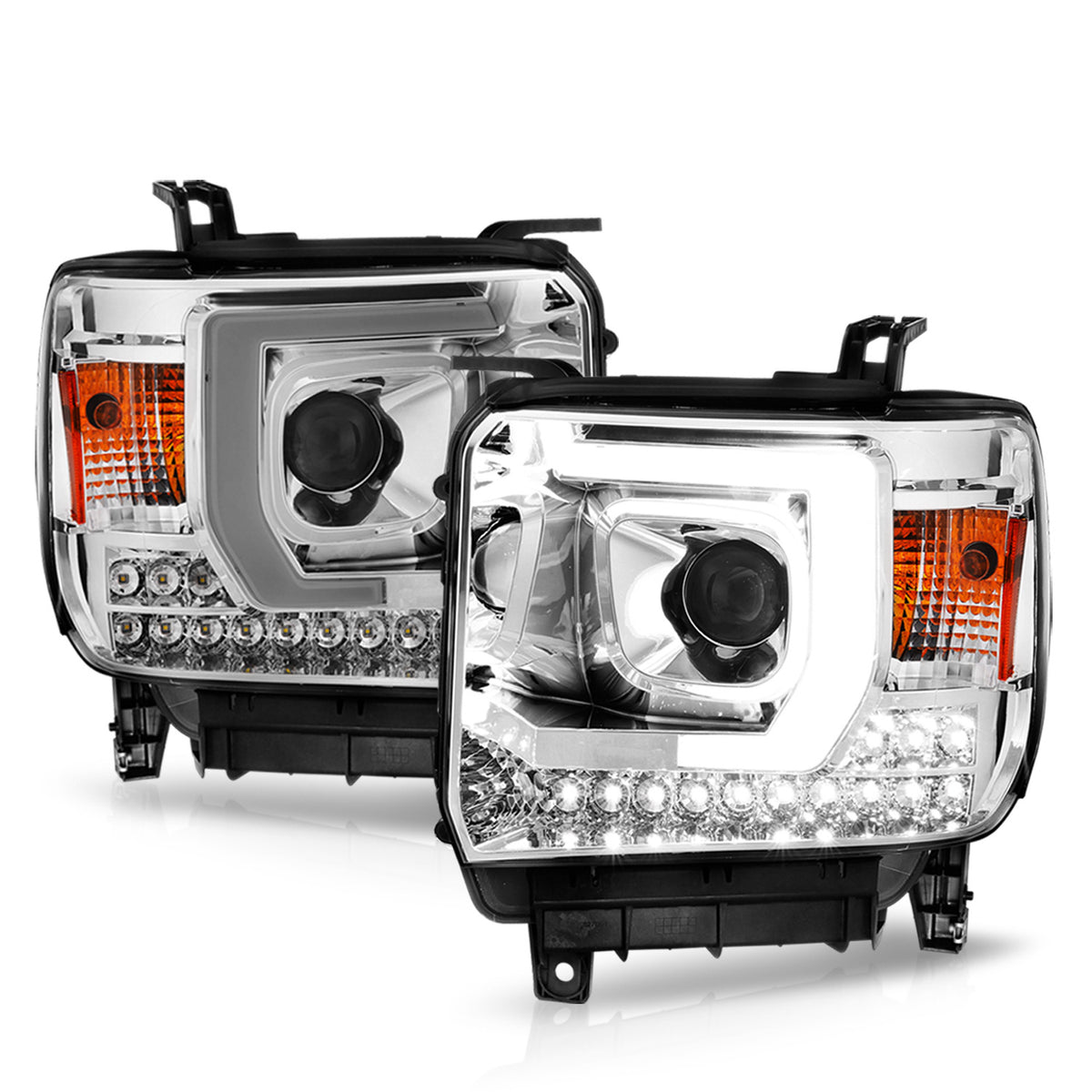 Projector Headlights W/ Light Bar Style Chrome Housing Clear Lens Pair GMC Sierra 1500 2014-2015, 2500 HD/3500 HD 2015-2019 AnzoUSA-1