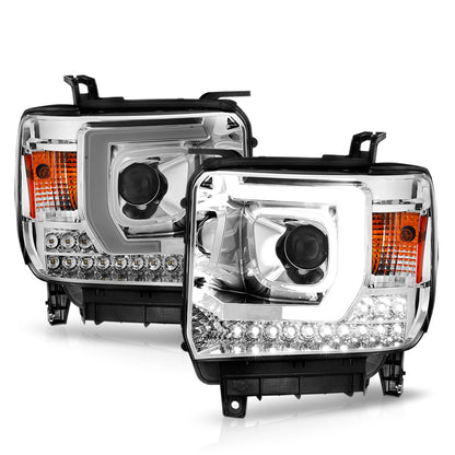 Projector Headlights W/ Light Bar Style Chrome Housing Clear Lens Pair GMC Sierra 1500 2014-2015, 2500 HD/3500 HD 2015-2019 AnzoUSA-1
