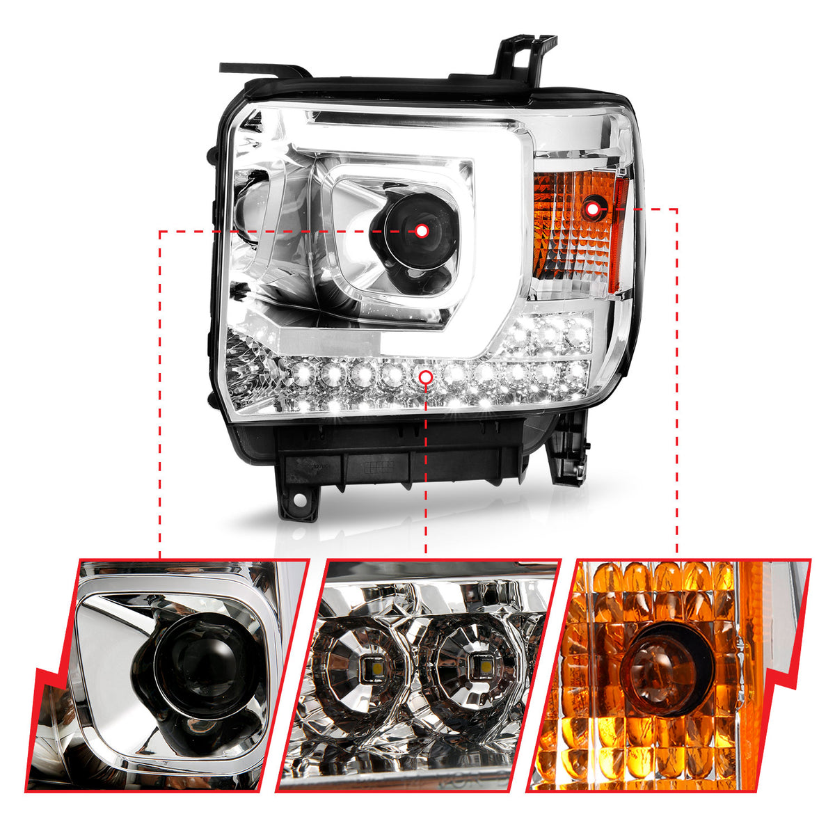Projector Headlights W/ Light Bar Style Chrome Housing Clear Lens Pair GMC Sierra 1500 2014-2015, 2500 HD/3500 HD 2015-2019 AnzoUSA-2