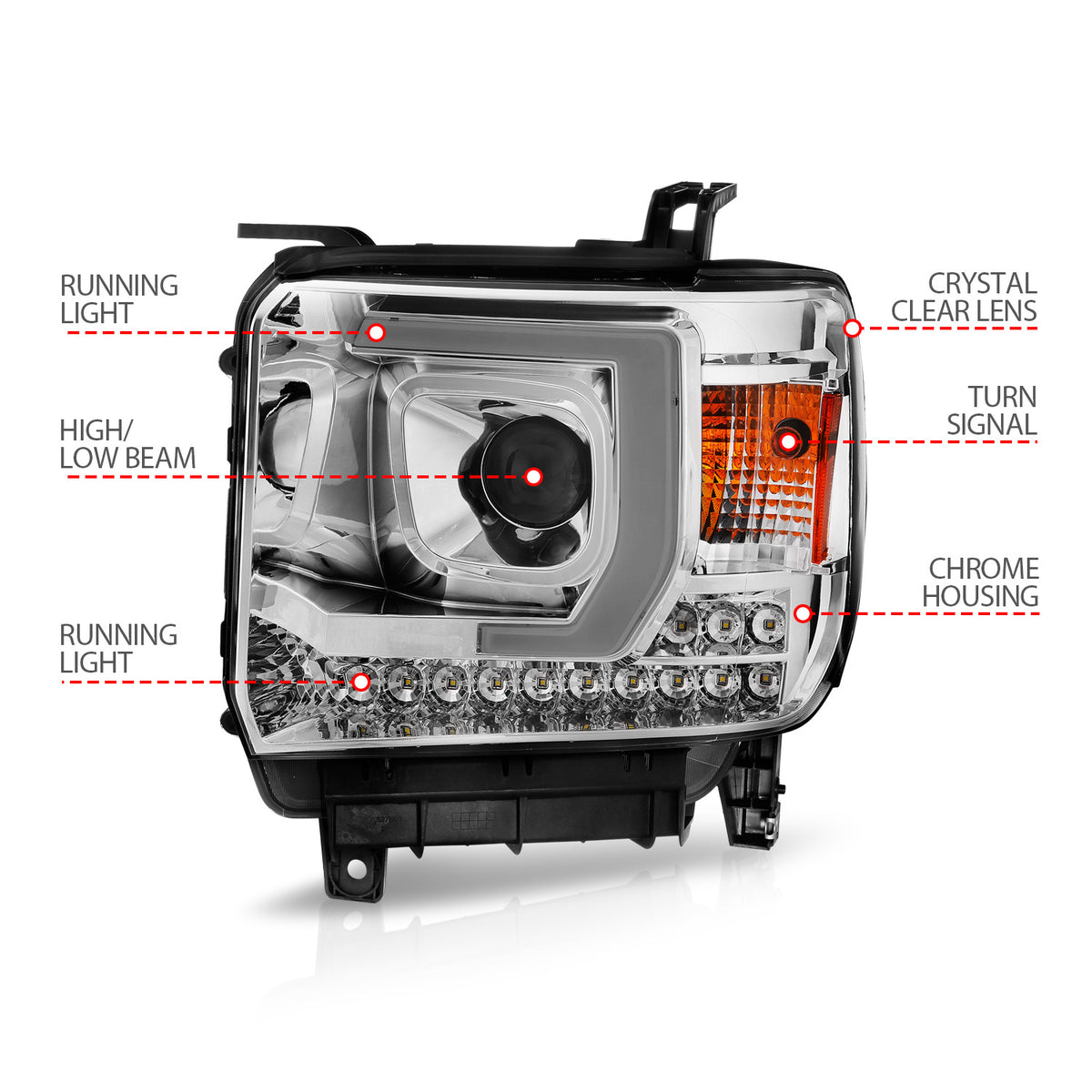 Projector Headlights W/ Light Bar Style Chrome Housing Clear Lens Pair GMC Sierra 1500 2014-2015, 2500 HD/3500 HD 2015-2019 AnzoUSA-3