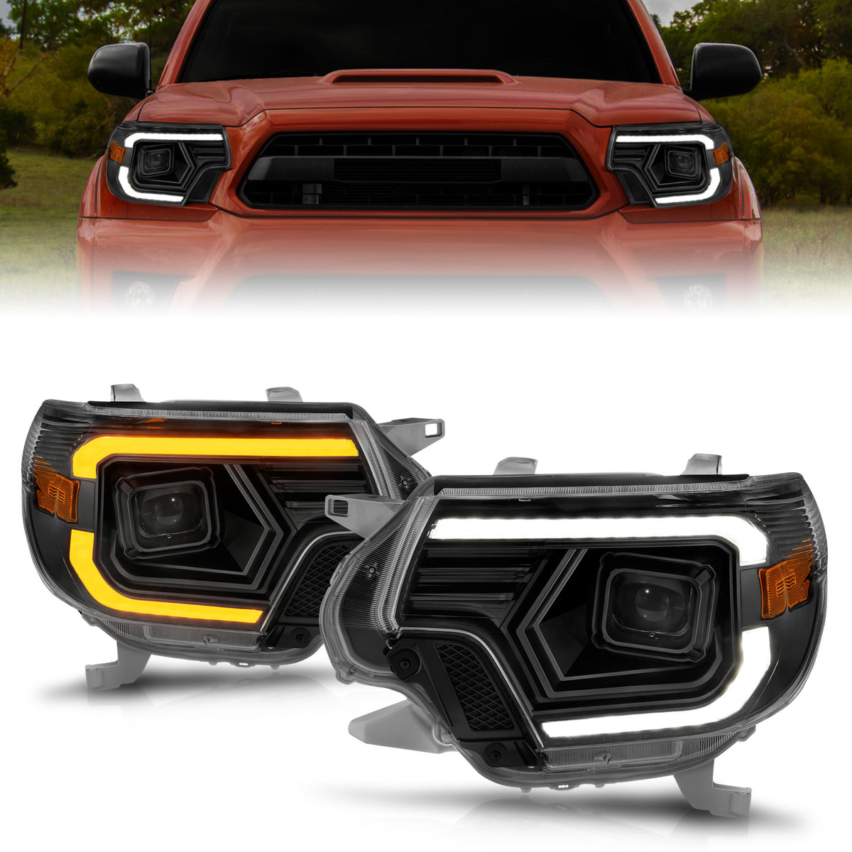 Projector Headlights W/ Light Bar Style Switchback Black Housing Clear Lens Pair Toyota Tacoma 2012-2015 AnzoUSA