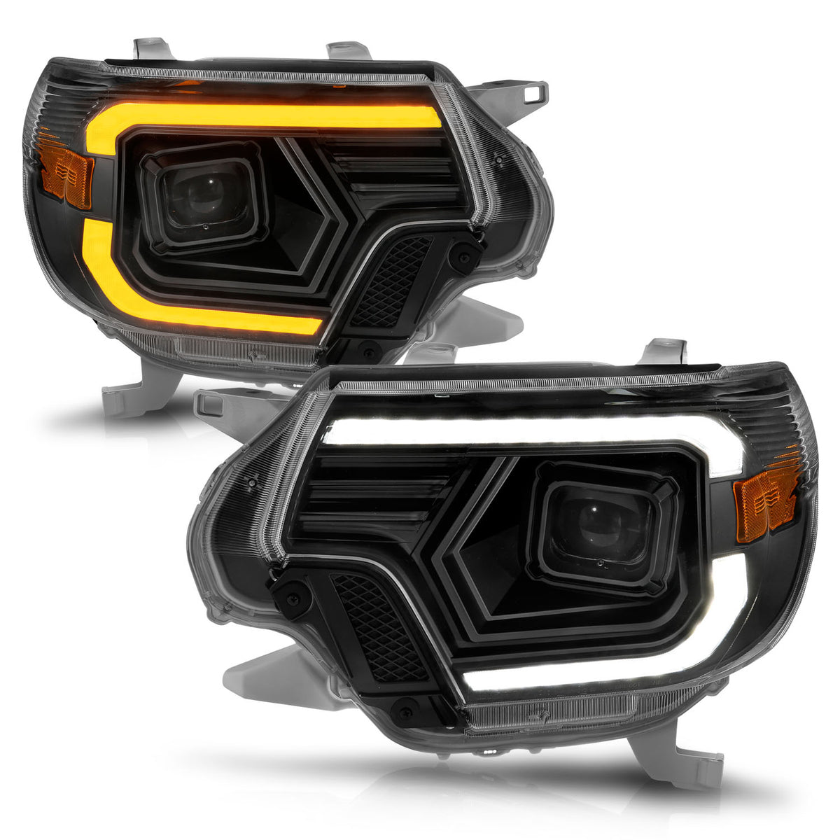 Projector Headlights W/ Light Bar Style Switchback Black Housing Clear Lens Pair Toyota Tacoma 2012-2015 AnzoUSA-1