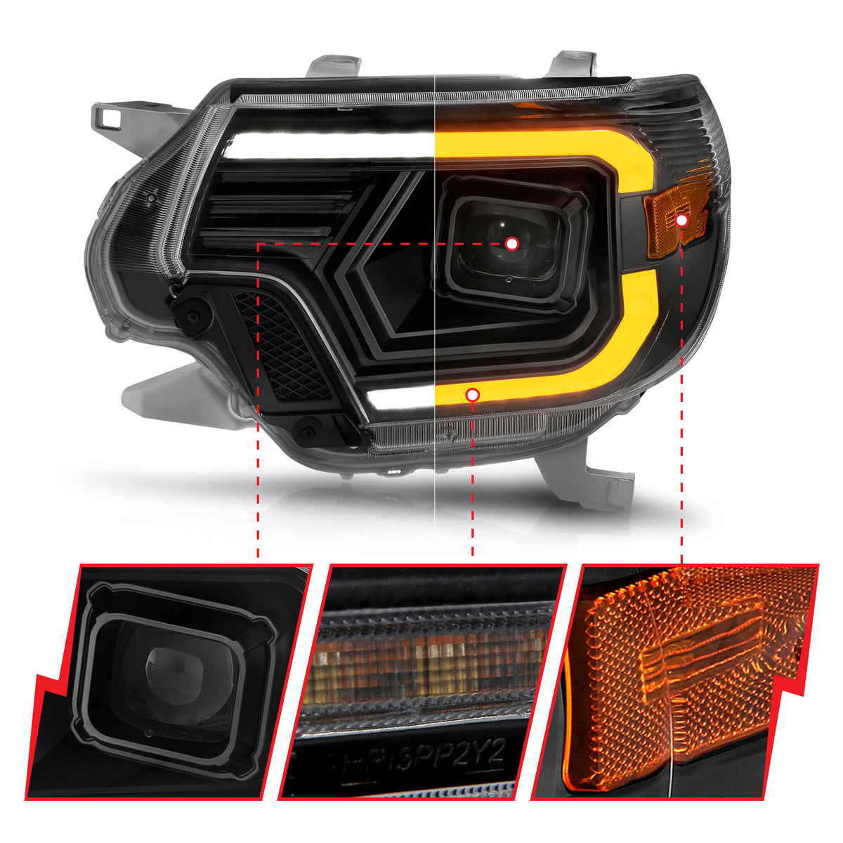 Projector Headlights W/ Light Bar Style Switchback Black Housing Clear Lens Pair Toyota Tacoma 2012-2015 AnzoUSA-2