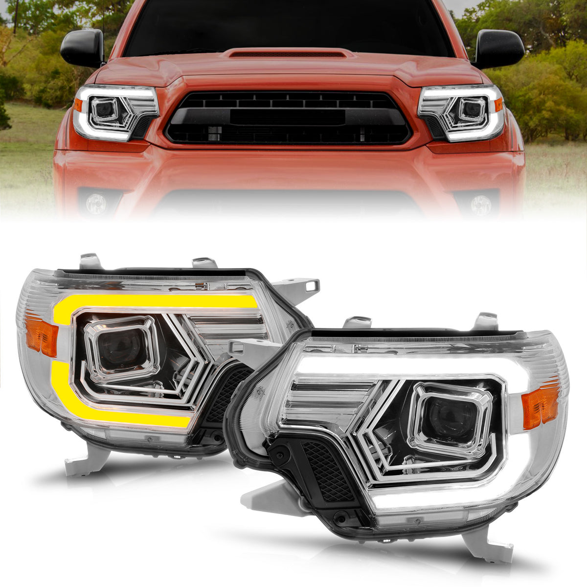 Projector Headlights W/ Light Bar Style Switchback Chrome Housing Clear Lens Pair Toyota Tacoma 2012-2015 AnzoUSA