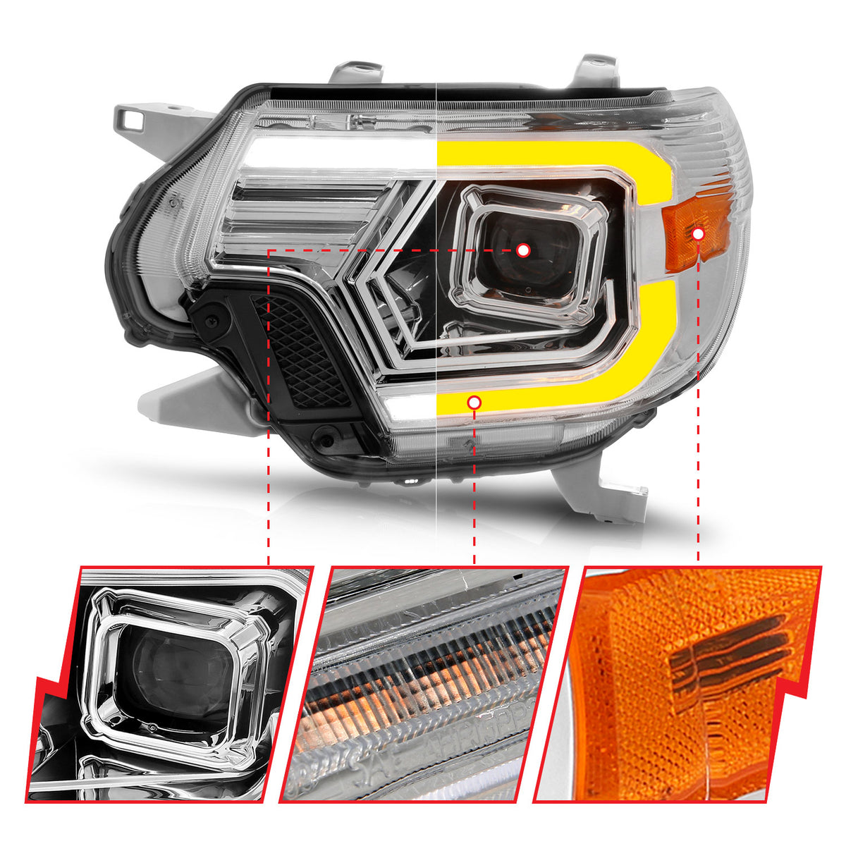 Projector Headlights W/ Light Bar Style Switchback Chrome Housing Clear Lens Pair Toyota Tacoma 2012-2015 AnzoUSA-2