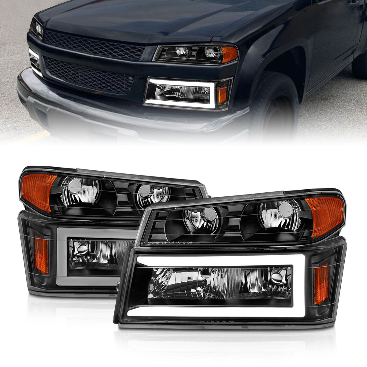 Crystal Headlight Set W/ Light Bar Style Black Housing Clear Lens 4pcs Colorado/Canyon 2004-2012, Isuzu i-280/i-350 2006 AnzoUSA