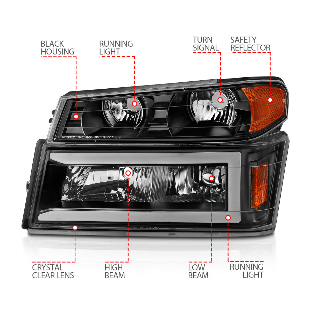 Crystal Headlight Set W/ Light Bar Style Black Housing Clear Lens 4pcs Colorado/Canyon 2004-2012, Isuzu i-280/i-350 2006 AnzoUSA-3