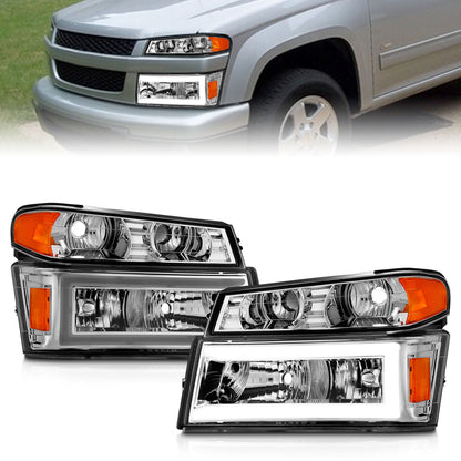 Crystal Headlight Set W/ Light Bar Style Chrome Housing Clear Lens 4pcs Colorado/Canyon 2004-2012, Isuzu i-280/i-350 2006, Isuzu i-290/i-370 2007-2008 AnzoUSA