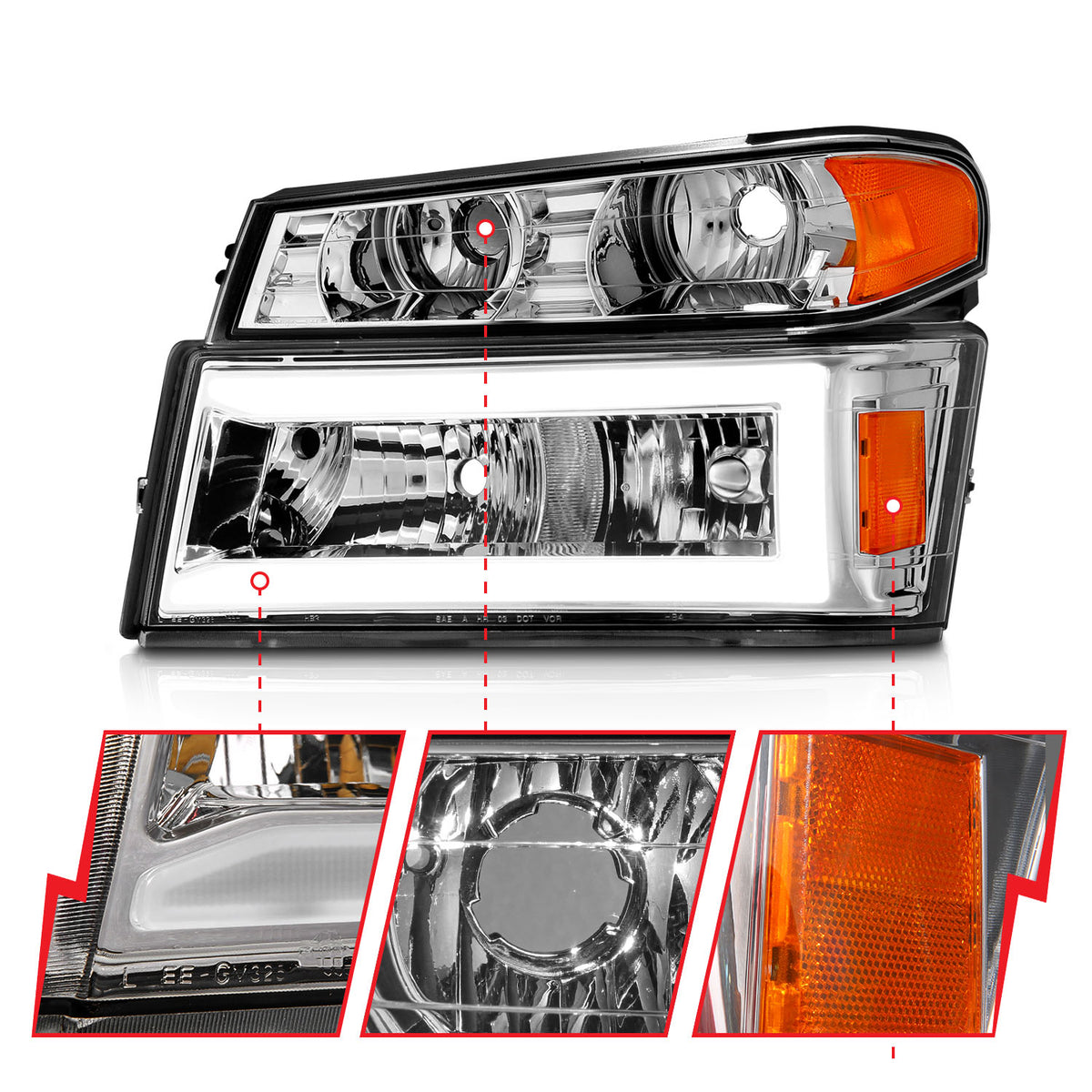 Crystal Headlight Set W/ Light Bar Style Chrome Housing Clear Lens 4pcs Colorado/Canyon 2004-2012, Isuzu i-280/i-350 2006, Isuzu i-290/i-370 2007-2008 AnzoUSA-2
