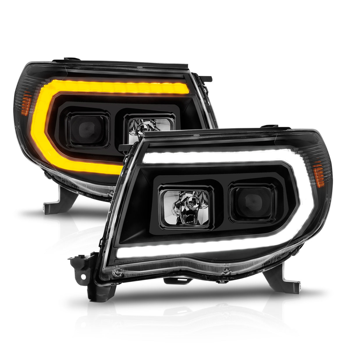 Projector Headlights W/ Light Bar Style Sequential Black Housing Clear Lens Pair Toyota Tacoma 2005-2011 AnzoUSA-1