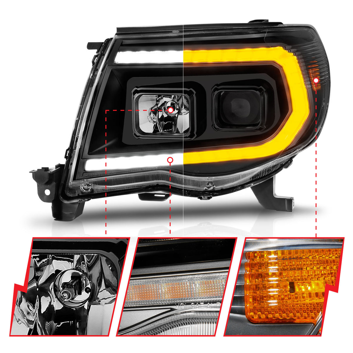 Projector Headlights W/ Light Bar Style Sequential Black Housing Clear Lens Pair Toyota Tacoma 2005-2011 AnzoUSA-2