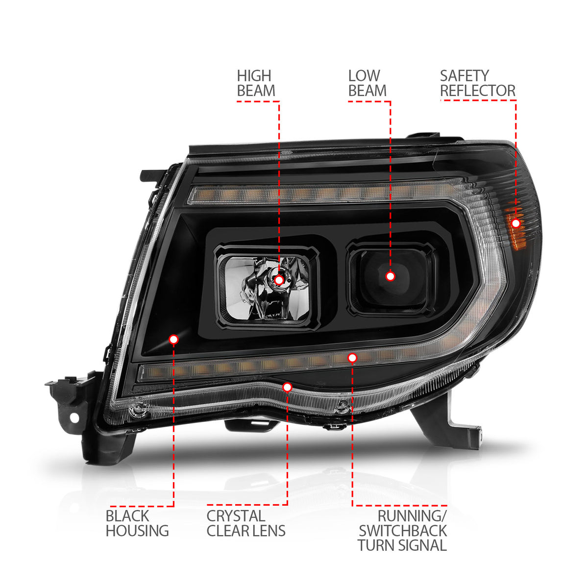 Projector Headlights W/ Light Bar Style Sequential Black Housing Clear Lens Pair Toyota Tacoma 2005-2011 AnzoUSA-3