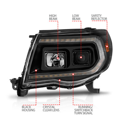 Projector Headlights W/ Light Bar Style Sequential Black Housing Clear Lens Pair Toyota Tacoma 2005-2011 AnzoUSA-3