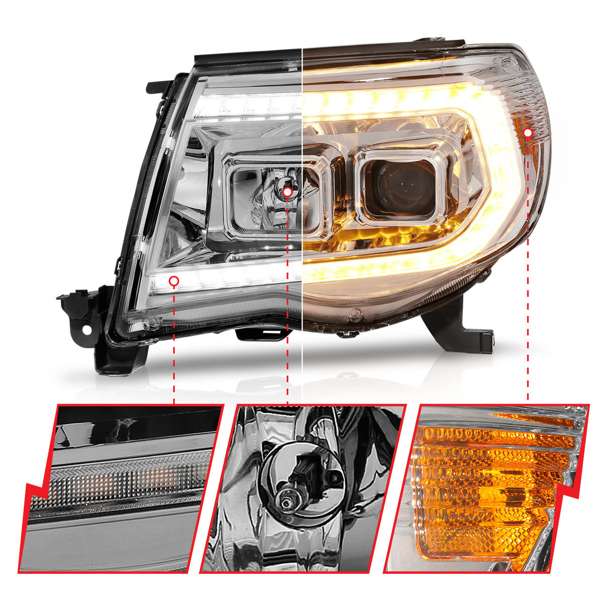 Projector Headlights W/ Light Bar Style Sequential Chrome Housing Clear Lens Pair Toyota Tacoma 2005-2011 AnzoUSA-2