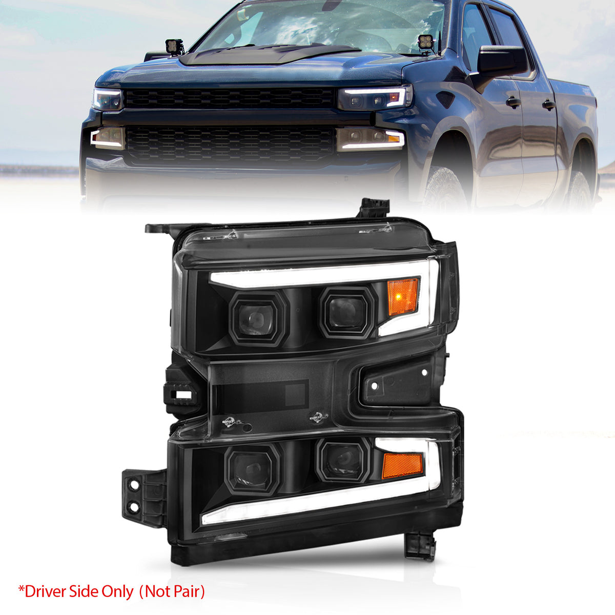 LED Projector Headlights W/ Light Bar Style Switchback Sequential Black Housing Clear Lens W/ Initiation Light Driver Side Only 1PC Sold Driver Side Only Chevrolet Silverado 1500 2019-2021, 1500 LTD 2022 AnzoUSA