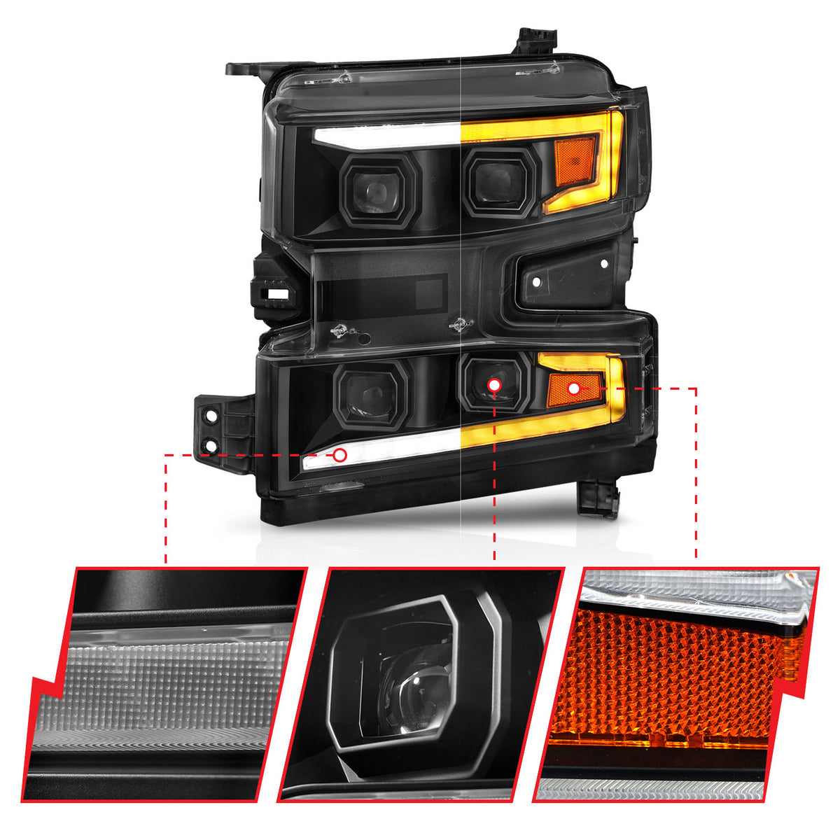 LED Projector Headlights W/ Light Bar Style Switchback Sequential Black Housing Clear Lens W/ Initiation Light Driver Side Only 1PC Sold Driver Side Only Chevrolet Silverado 1500 2019-2021, 1500 LTD 2022 AnzoUSA-2