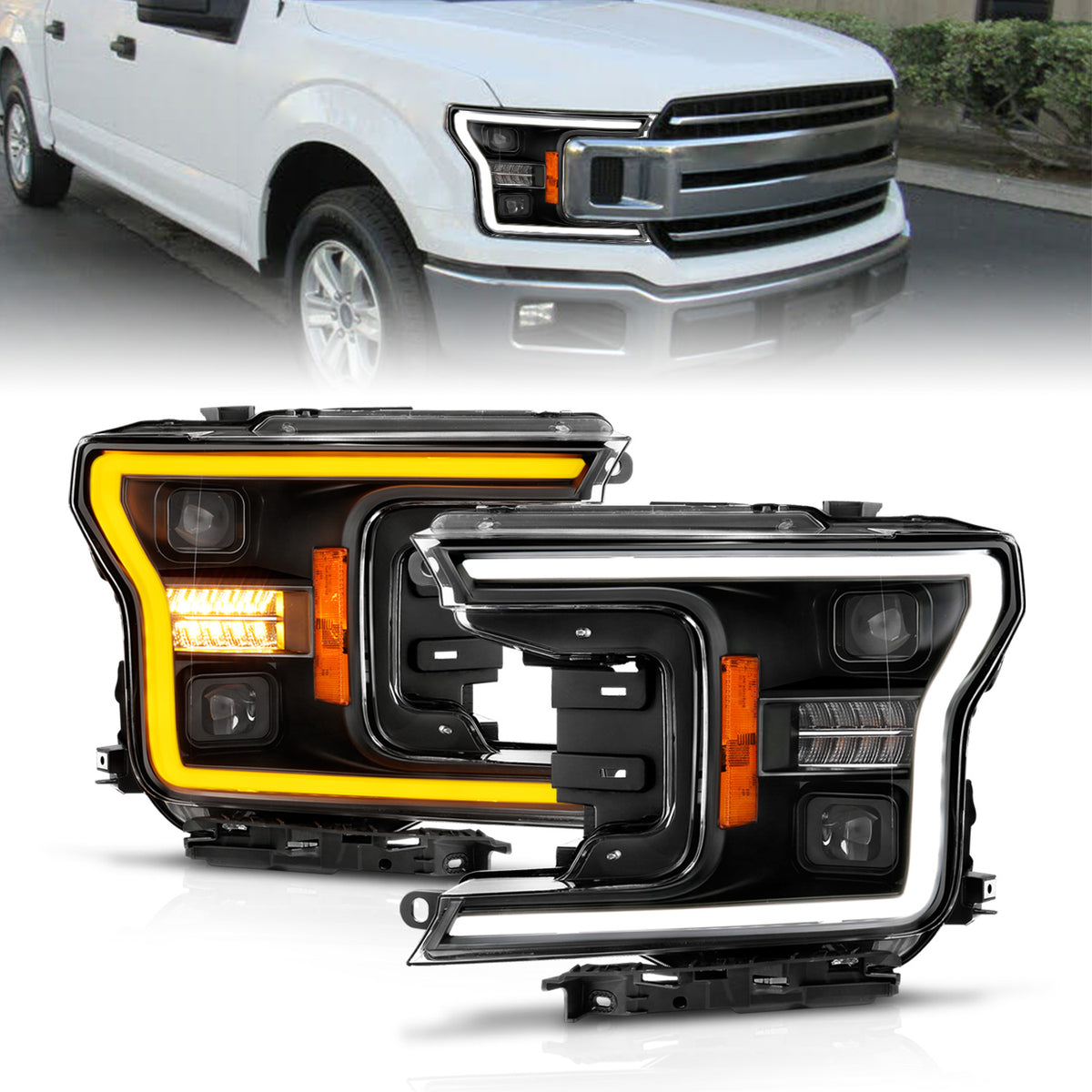 LED Projector Headlights W/ Light Bar Style Switchback Sequential Black Housing Clear Lens Pair W/ Initiation Light Ford F-150 2018-2020 AnzoUSA