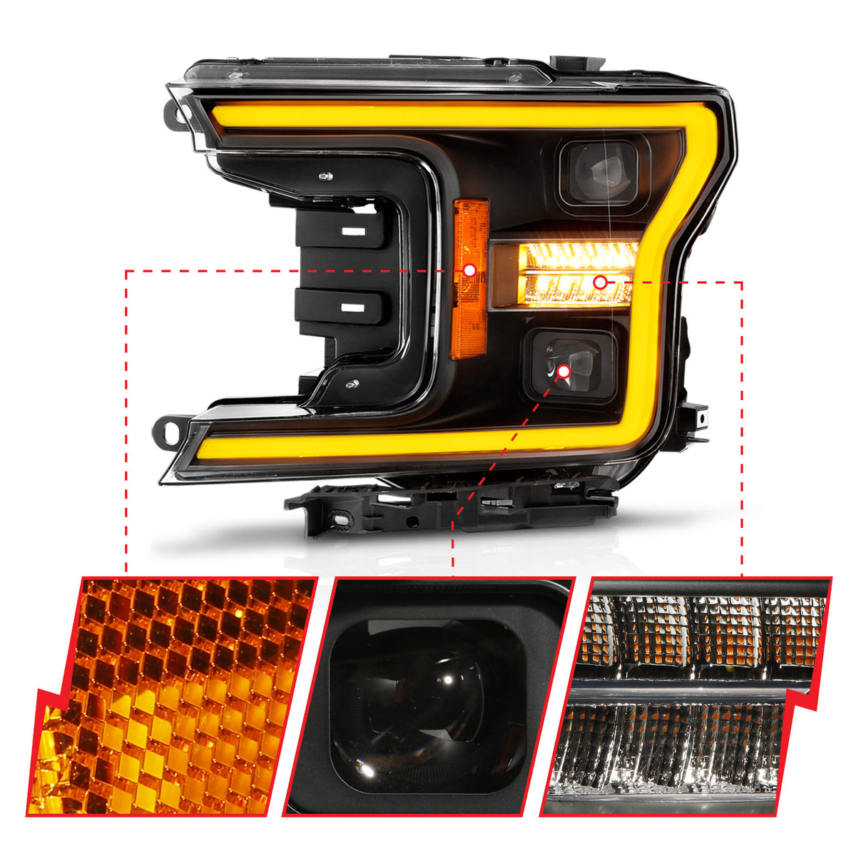 LED Projector Headlights W/ Light Bar Style Switchback Sequential Black Housing Clear Lens Pair W/ Initiation Light Ford F-150 2018-2020 AnzoUSA-2