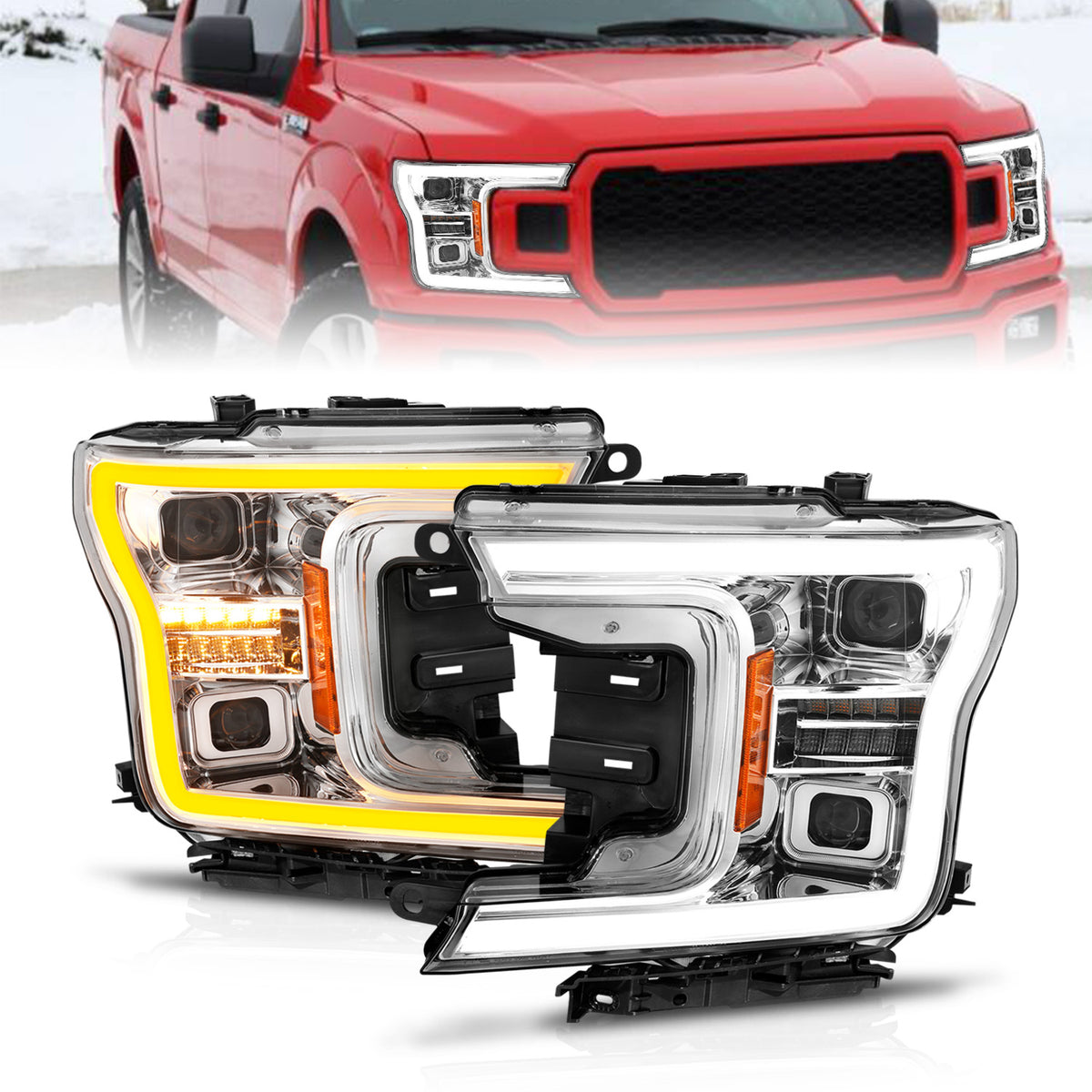 LED Projector Headlights W/ Light Bar Style Switchback Sequential Chrome Housing Clear Lens Pair W/ Initiation Light Ford F-150 2018-2020 AnzoUSA