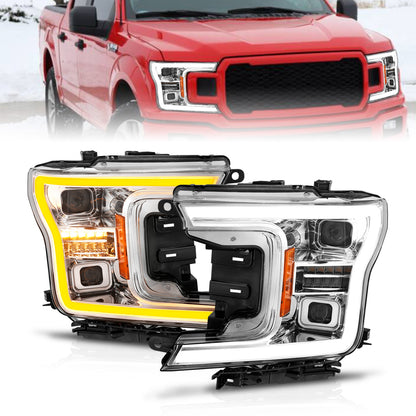 LED Projector Headlights W/ Light Bar Style Switchback Sequential Chrome Housing Clear Lens Pair W/ Initiation Light Ford F-150 2018-2020 AnzoUSA