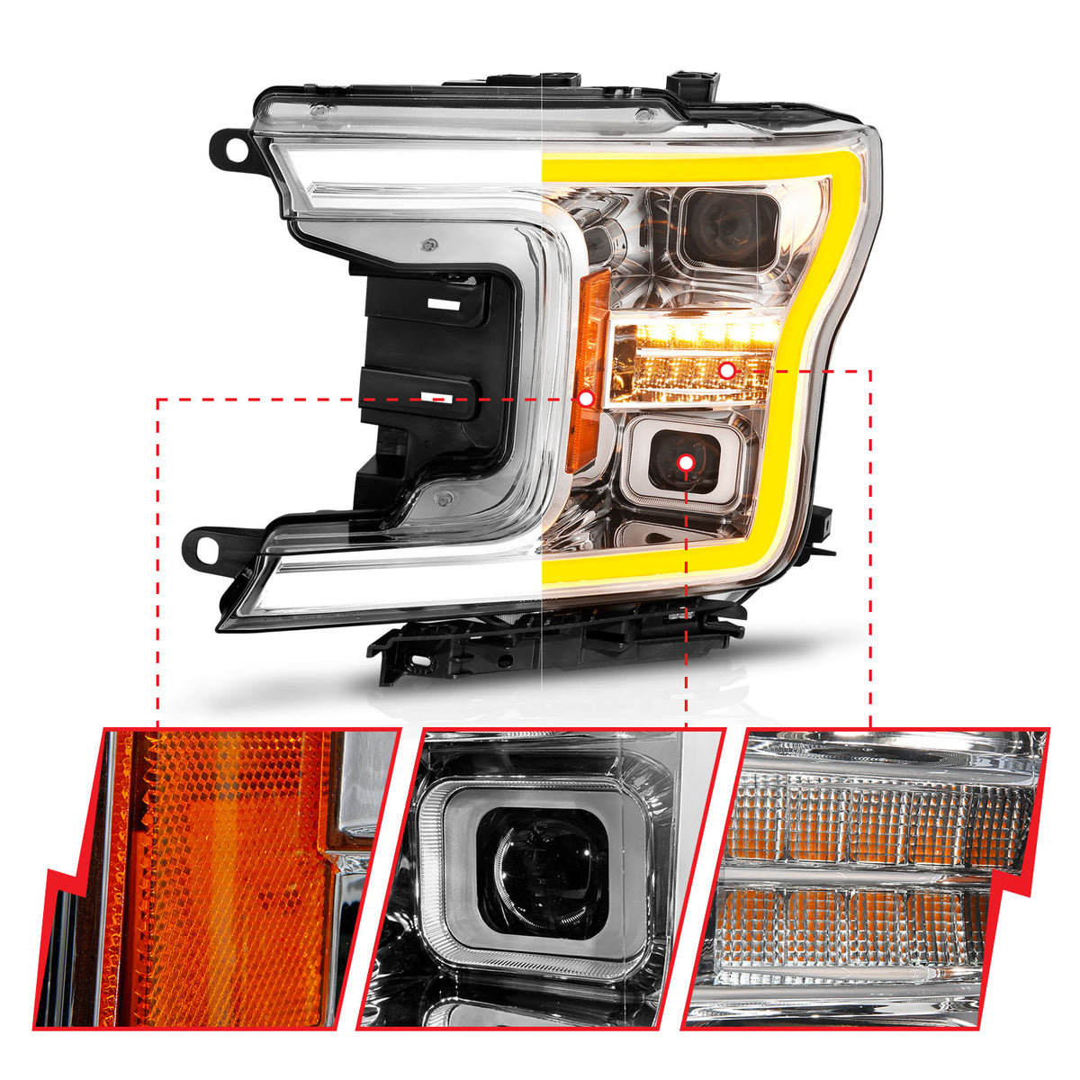LED Projector Headlights W/ Light Bar Style Switchback Sequential Chrome Housing Clear Lens Pair W/ Initiation Light Ford F-150 2018-2020 AnzoUSA-2
