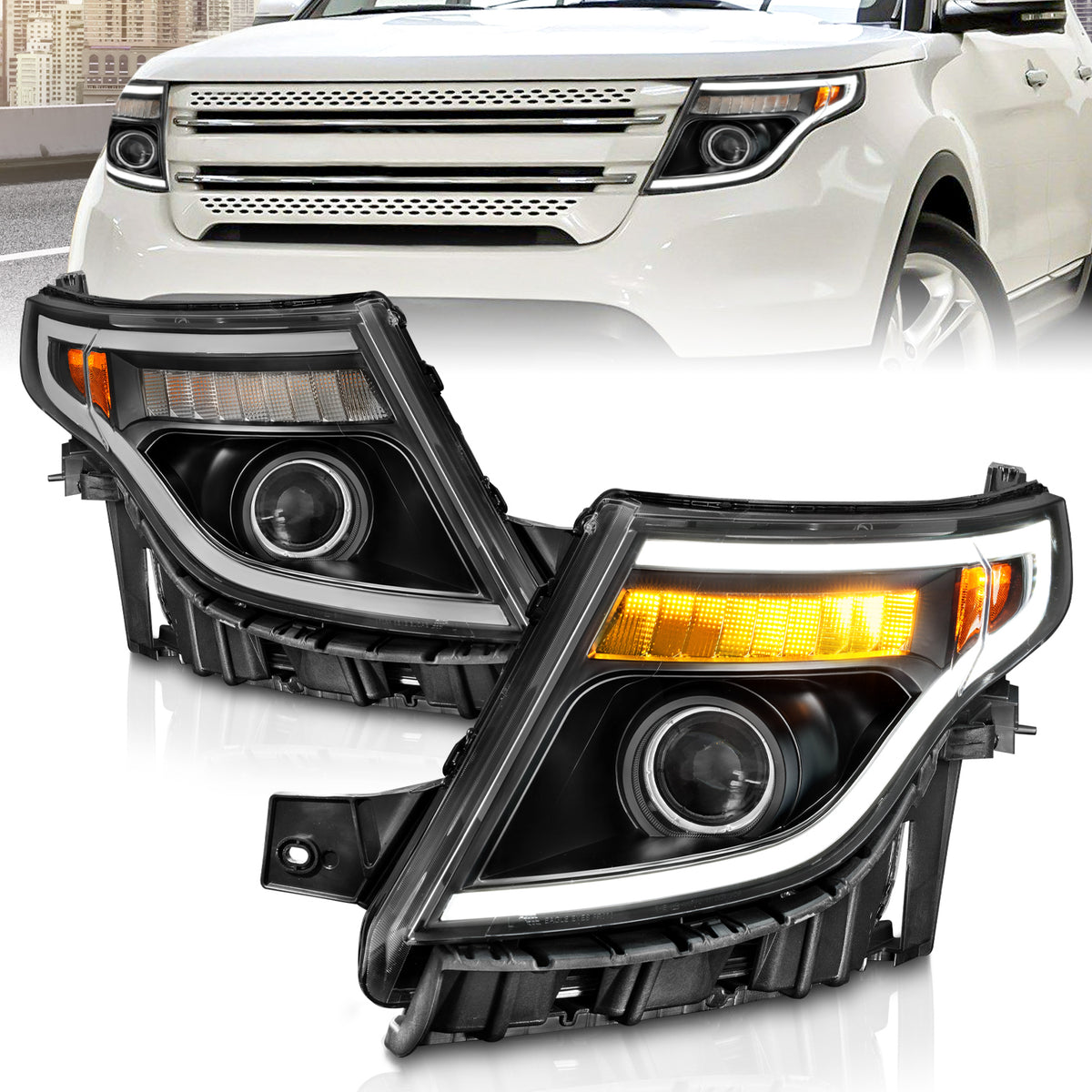 Projector Headlights W/ Light Bar Style Black Housing Clear Lens Pair Ford Explorer 2011-2015 AnzoUSA
