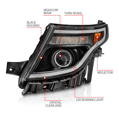 Projector Headlights W/ Light Bar Style Black Housing Clear Lens Pair Ford Explorer 2011-2015 AnzoUSA-3