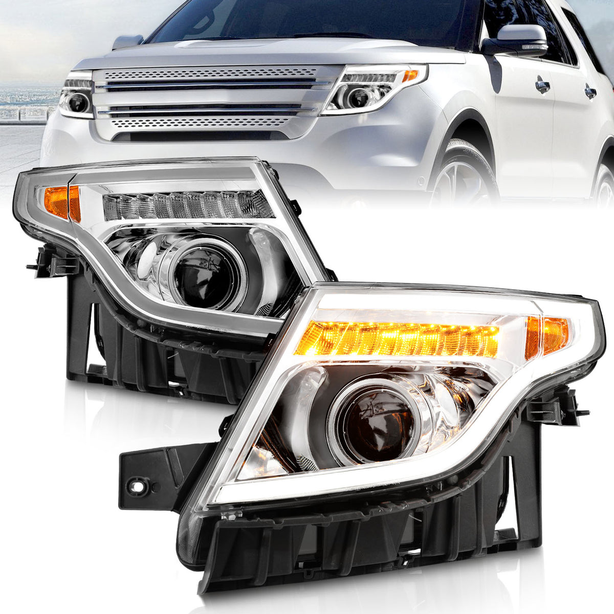 Projector Headlights W/ Light Bar Style Chrome Housing Clear Lens Pair Ford Explorer 2011-2015 AnzoUSA