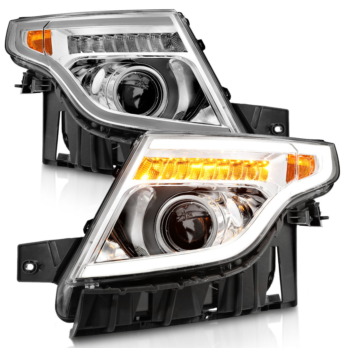 Projector Headlights W/ Light Bar Style Chrome Housing Clear Lens Pair Ford Explorer 2011-2015 AnzoUSA-1